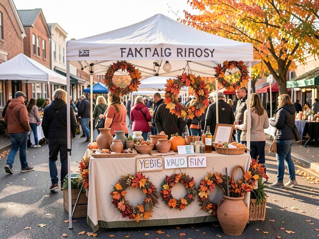 Craft booths lining Main Street on a fall morning